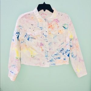 White Crop Denim Jacket w/ Pastel Color Splashes